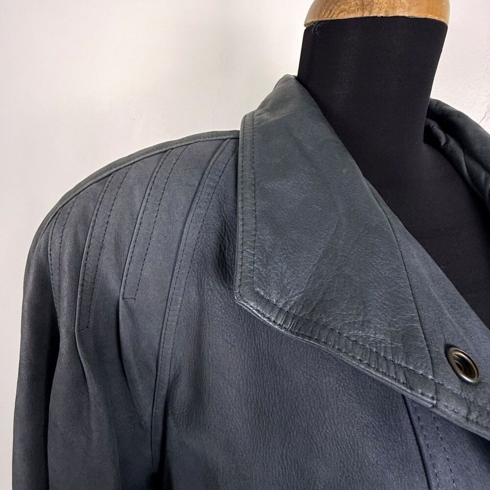 Vintage Genuine Leather Trench Coat, Slate-Gray-Blue - Picture 6 of 16
